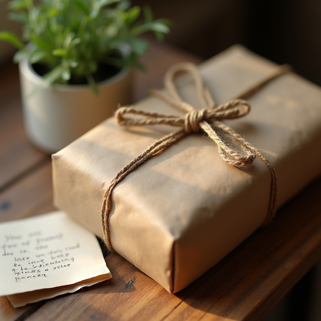 In Papier verpacktes Keramikgeschenk mit Kordel verschnürt